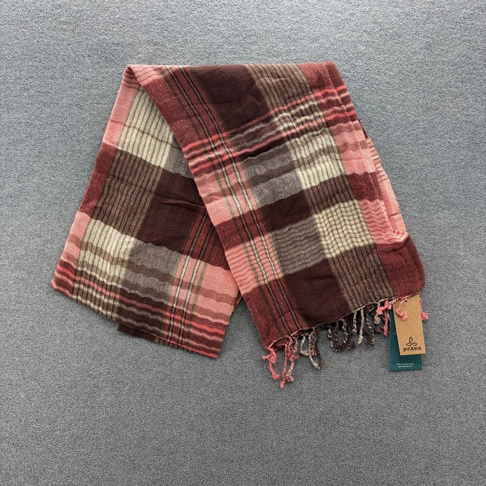 PrAna Scarf Womens OS Orange Brown Wool Modal Plaid Boho Fall Rectangle